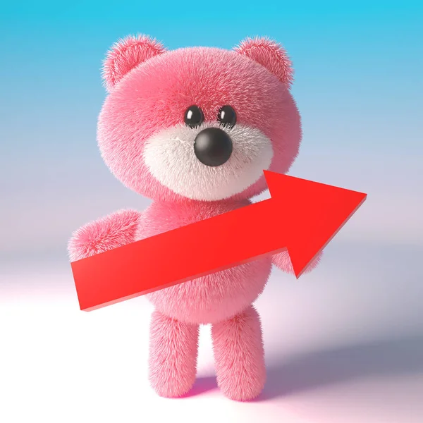 3D söt rosa fluffiga Nalle karaktär innehar en stor röd pil, 3D illustration — Stockfoto