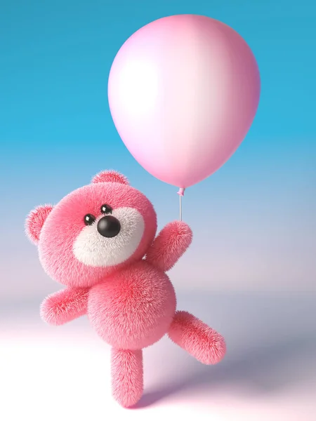 3d teddy bear with soft pink fluffy fur playing with a pink party balloon, 3d illustration