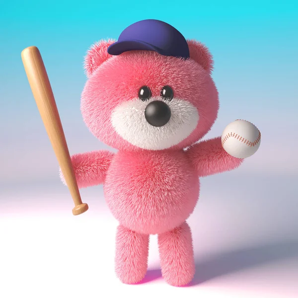 3D мультяшний плюшевий ведмедик з рожевим хутром в бейсбольному капелюсі і тримає бейсбольну кажана і м'яч, 3d ілюстрація — стокове фото