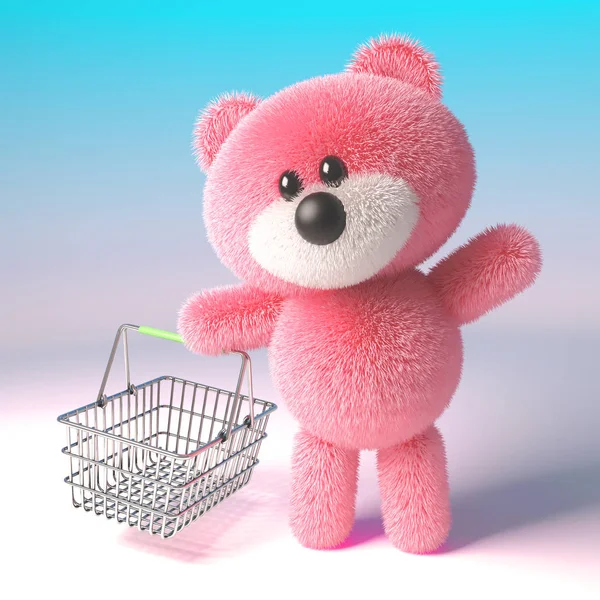 3D плюшевий ведмежий персонаж з рожевим хутром з кошиком для покупок, 3d ілюстрація — стокове фото