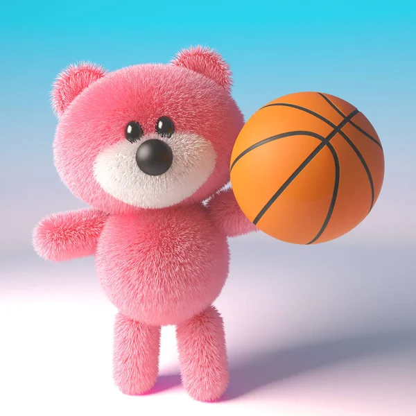Różowy 3D kreskówka Miś charakter gry z koszykówkę, ilustracja 3D — Zdjęcie stockowe