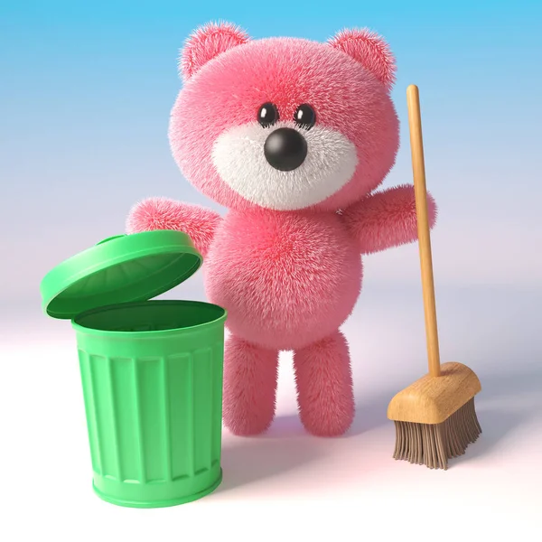 Niedlichen 3D rosa flauschigen Teddybär Charakter Reinigung mit einem Besen und grünen Papierkorb, 3D-Illustration — Stockfoto