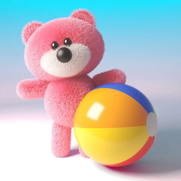 3d teddy bear character with soft pink fur playing with a beach ball, 3d illustration — Stock Photo, Image