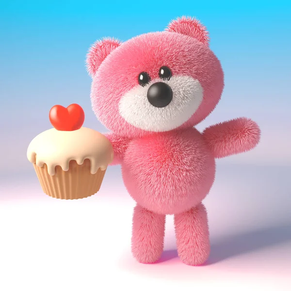 3D nallebjörn med rosa päls äta en läcker kopp kaka med ett hjärta, 3D illustration — Stockfoto