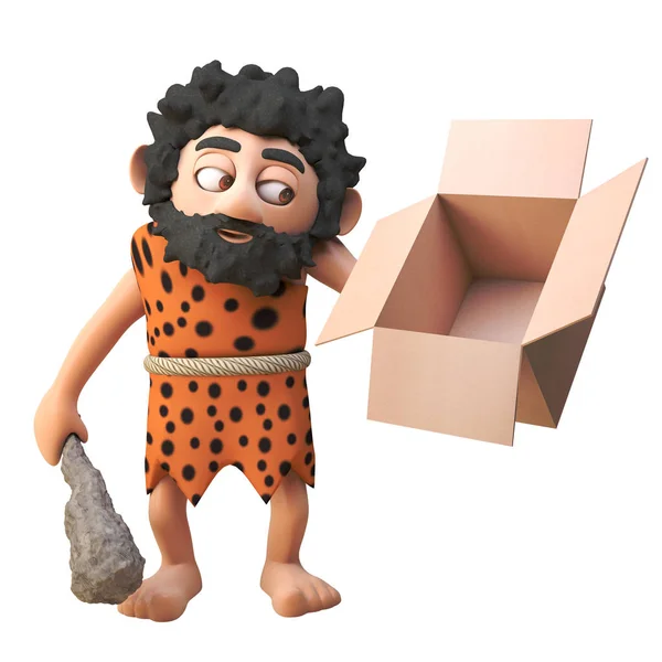 3d karikatür tarih öncesi mağara adamı karakter boş bir karton kutu ve kulüp, 3d illüstrasyon tutan