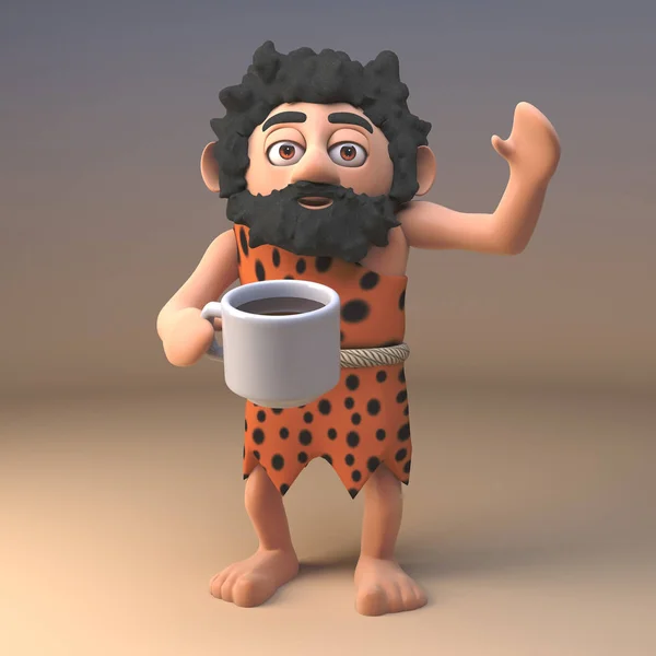 3d funny caveman cartoon character drinking a cup of tea or coffee, 3d illustration