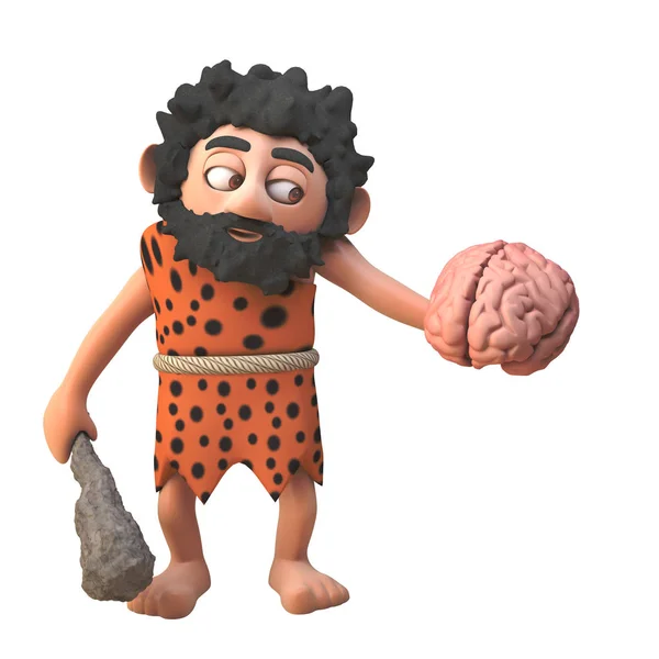3d personaggio cavernicolo preistorico in possesso di un cervello umano e club, illustrazione 3d — Foto Stock
