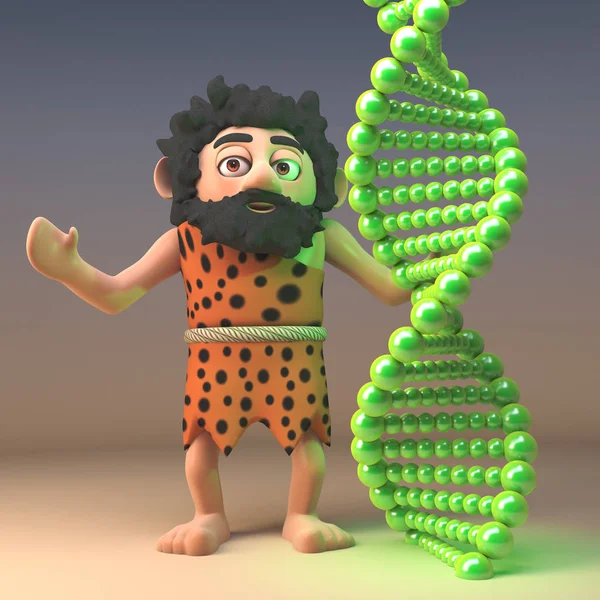 3d смешно пещерный персонаж мультфильма размышляет эволюции, глядя на нить генетической ДНК, 3d иллюстрации — стоковое фото
