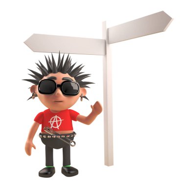 3d punk rock cartoon character standing next to a blank crossroads sign, 3d illustration clipart