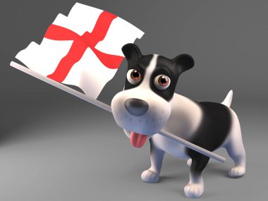 İngilizce bayrağı taşıyan karikatür köpek yavrusu, 3d illüstrasyon