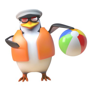 3d penguen denizci kaptan karakter bir plaj topu, 3d illüstrasyon ile oynarken