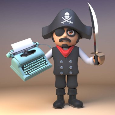 Eski bir daktilo tutan cutlass ile 3d karikatür korsan kaptan karakteri, 3d illüstrasyon