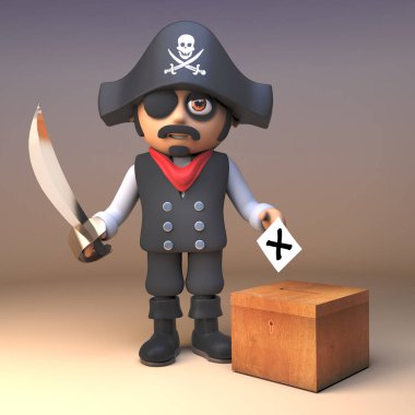 Cutlass ile 3d karikatür korsan kaptan karakteri seçim oy sandığı, 3d illüstrasyon onun oy döküm