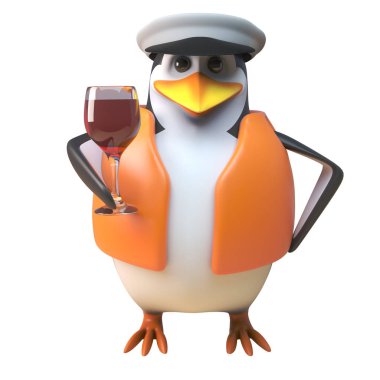 3d penguen denizci kaptan karakter kırmızı şarap, 3d illüstrasyon bir bardak içme