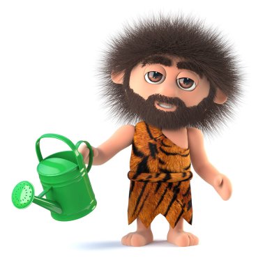 3d Komik karikatür ilkel caveman bahçesini sulama