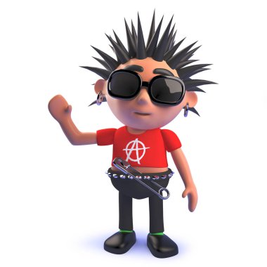 Punk rockçı 3d çizgi film karakteri neşeli bir merhaba sallayarak