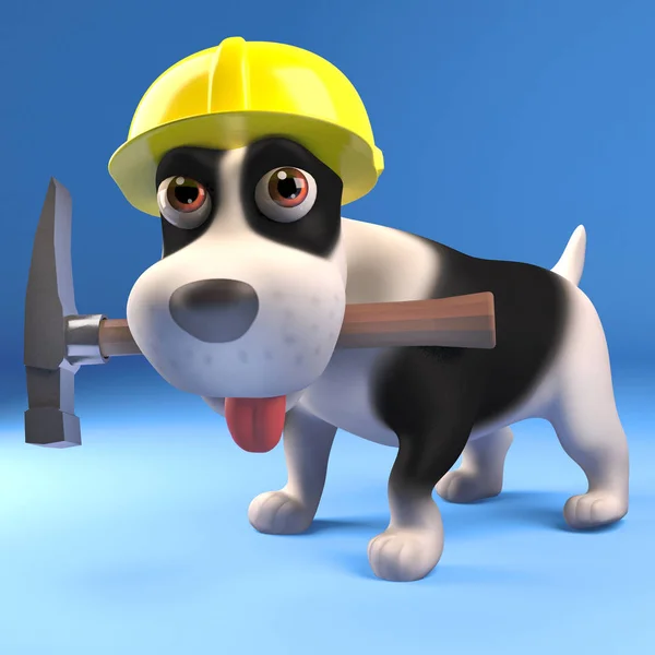 Cool cachorro cão construtor vestindo um capacete de segurança e segurando seu martelo, ilustração 3d — Fotografia de Stock