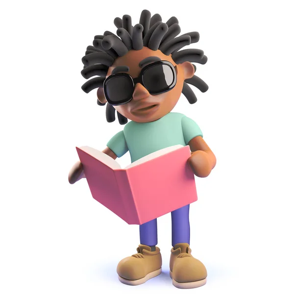 Tecknad svart man med dreadlocks läsa en bok, 3D illustration — Stockfoto