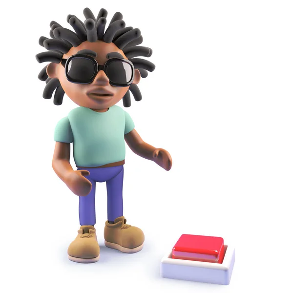 Cooler Cartoon-schwarzer rastafarischer Charakter, der auf einen Knopf schaut, 3D-Illustration — Stockfoto