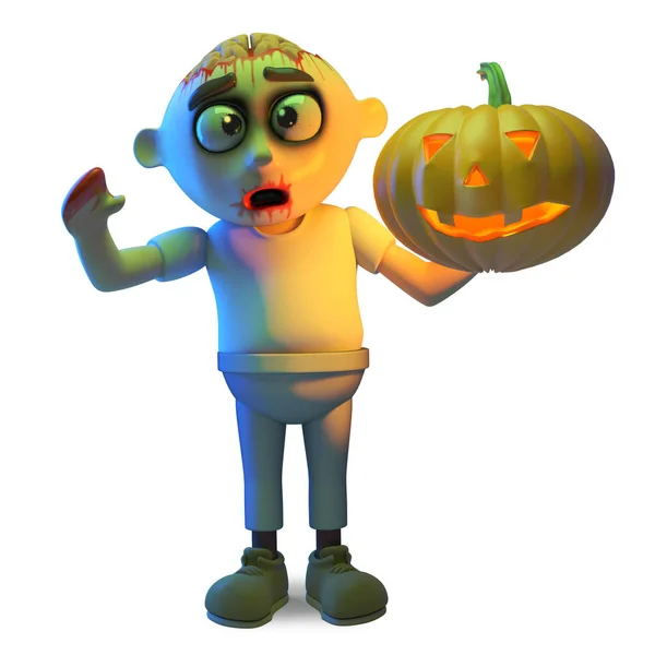 Scarey zombie monster celebrates Halloween with a pumpkin, 3d illustration — Stock Photo, Image