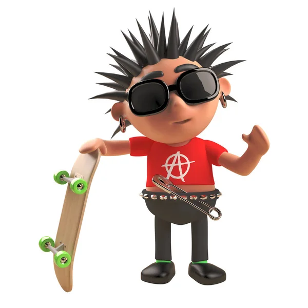 3D punk rockový kreslený znak s skateboard, 3D ilustrace — Stock fotografie