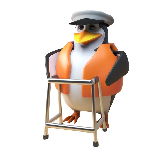 3D Penguin Sailor kapten karaktär Walking med hjälp av en Zimmer ram, 3D illustration — Stockfoto