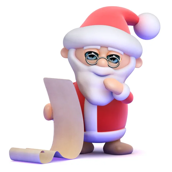 3D Santa czyta listę dobrych chłopców i dziewcząt — Zdjęcie stockowe