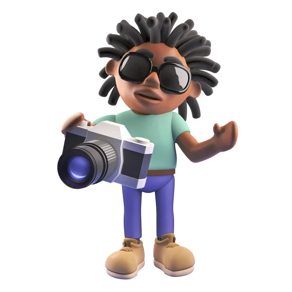 Zwarte Rastafari cartoon karakter houden van een camera, 3D-illustratie — Stockfoto
