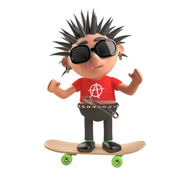 3d karakter kartun punk rock berdiri di atas skateboard, ilustrasi 3d — Stok Foto