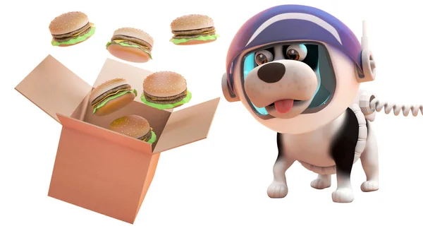 3d cachorro perro en astronauta traje espacial viendo hamburguesas de queso derramarse de una caja de cartón en gravedad cero, 3d ilustración — Foto de Stock