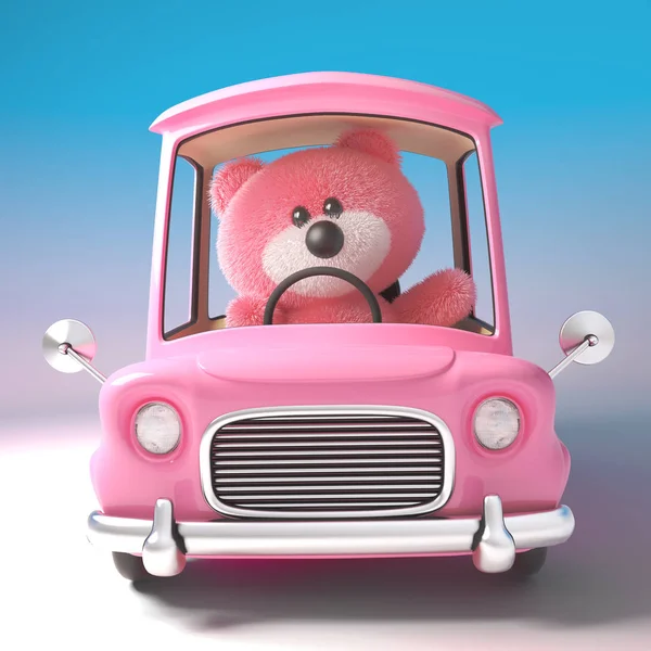 3d pink teddy bear character driving a pink cartoon car, 3d illustration