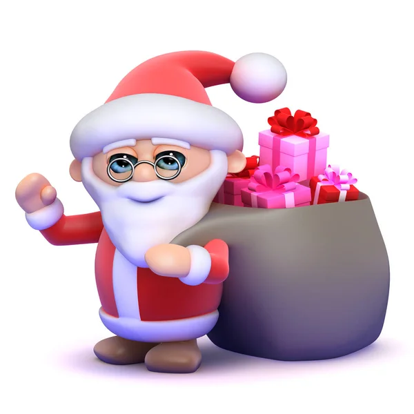3D Santa przeciąga worek pełen świątecznych prezentów — Zdjęcie stockowe