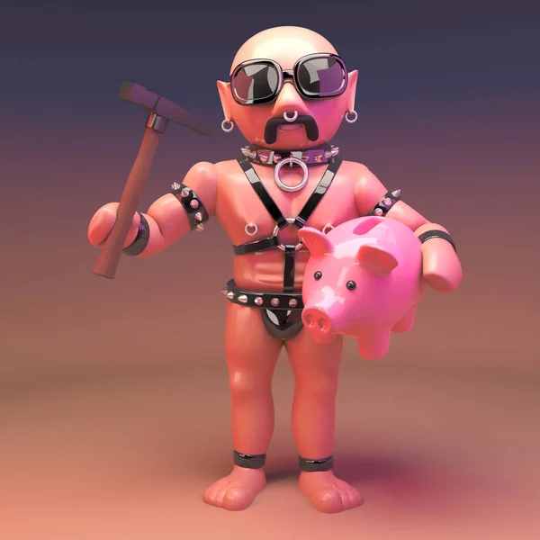 Cartoon 3d gay leather fetish character in bondage outfit smashing his piggy bank with a hammer, 3d illustration