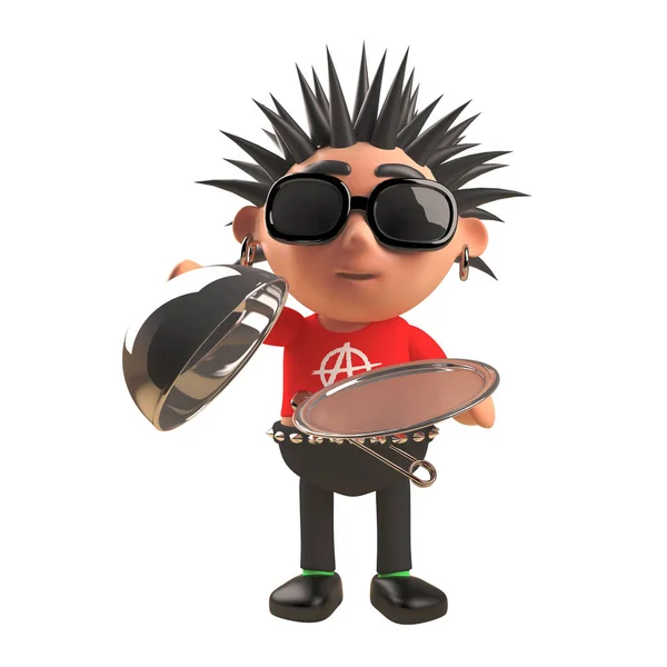 3D punk rock cartoon charakter gospodarstwa srebrny taca i pokrywa, ilustracja 3D — Zdjęcie stockowe