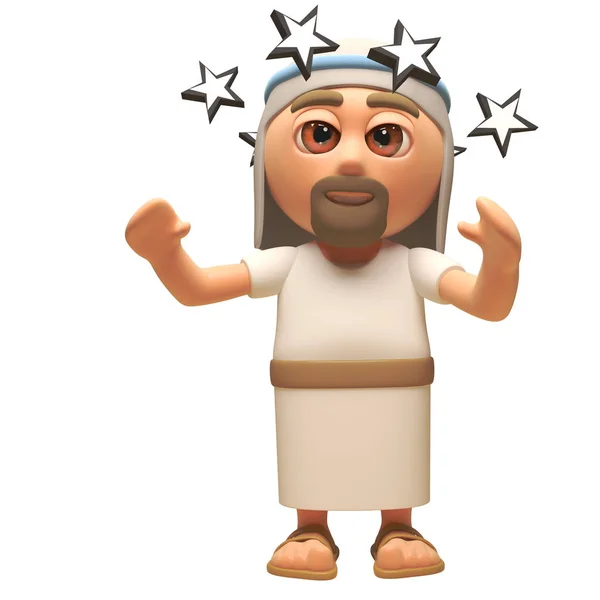 3d personaje de dibujos animados de Jesucristo está sorprendido y aturdido con estrellas en frente de sus ojos, ilustración 3d — Foto de Stock