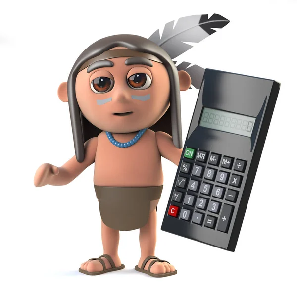 3D rolig tecknad Native American Indian Boy har en miniräknare — Stockfoto