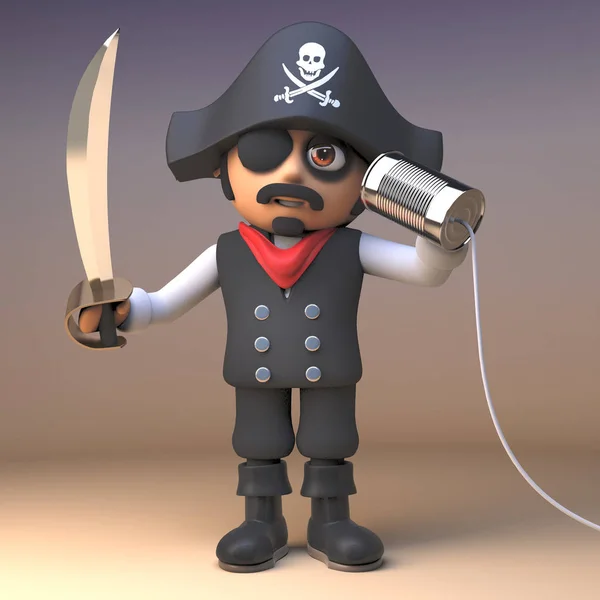 3d cartoon pirate captain with cutlass communicates with a tin can on a string, 3d illustration