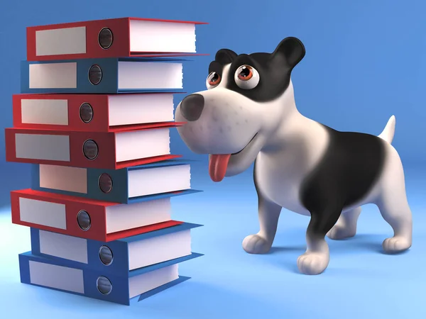 Desenhos animados cão cachorro preto e branco olhando para uma pilha de pastas e arquivos, ilustração 3d — Fotografia de Stock