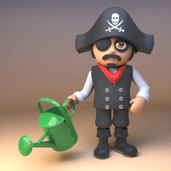 3d cartoon pirate captain character with watering can, 3d illustration