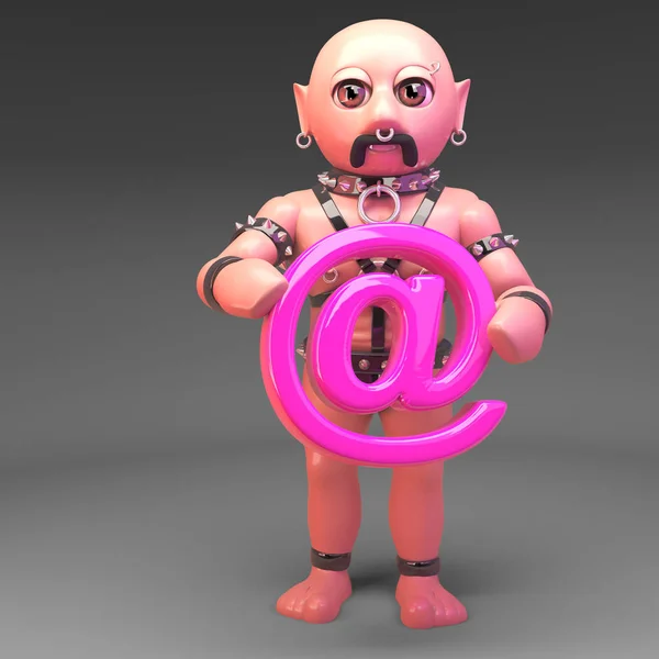 Gay leather bound slave fetish man holds email symbol in pink, 3d illustration