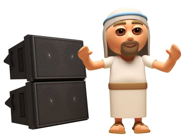 3D Jezus Christus cartoon karakter staande in de voorkant van een PA geluidssysteem van luidsprekers, 3D illustratie — Stockfoto