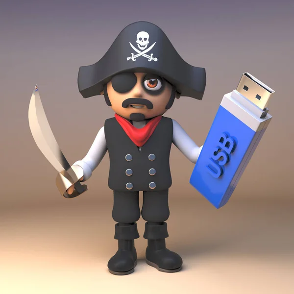 Personaje de dibujos animados capitán pirata 3d con cutlass celebración de una memoria USB memoria USB para copia de seguridad de datos, ilustración 3d — Foto de Stock