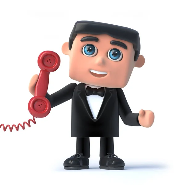 3d Bow tie spy answers the red phone — Stock Photo, Image