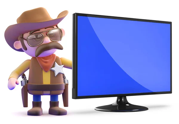 3d Cowboy sheriff with widescreen tv — Stock Photo, Image