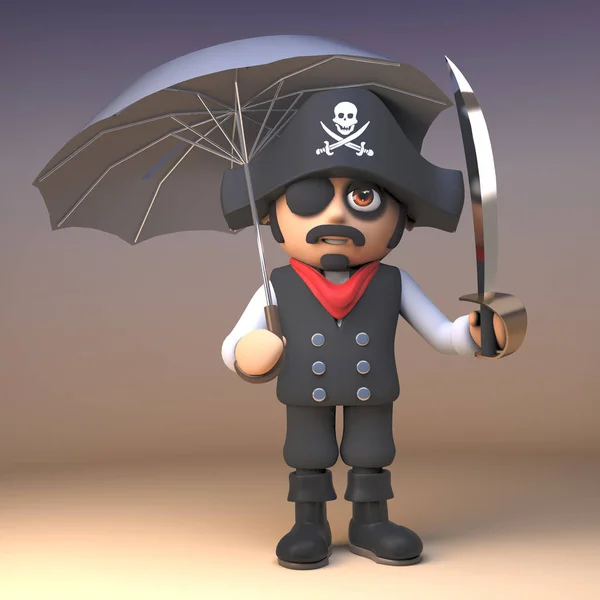 3d pirate captain cartoon character with cutlass holding an umbrella, 3d illustration — Stock Photo, Image