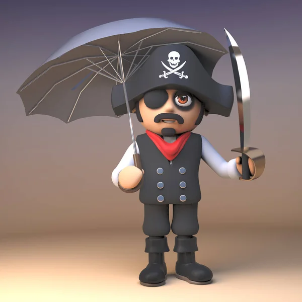 3d pirate captain cartoon character with cutlass holding an umbrella, 3d illustration