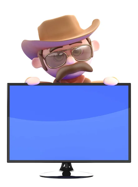 3d Cowboy sheriff mira por encima de un monitor de pantalla plana — Foto de Stock