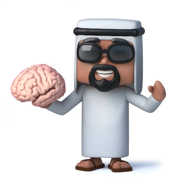 3D αστείο καρτούν αραβικό χαρακτήρα Σεΐχη κρατώντας ένα ανθρώπινο μυαλό — Φωτογραφία Αρχείου