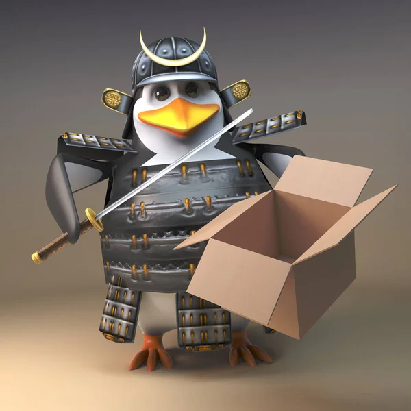 3D szamuráj harcos pingvin karakter teljes páncélzat egy nyitott kartondobozban, 3D illusztráció — Stock Fotó