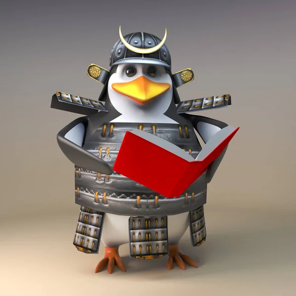 3D πολεμιστής σαμουράι πιγκουίνος χαρακτήρα σε πλήρη πανοπλία διαβάζοντας ένα βιβλίο, 3D εικονογράφηση — Φωτογραφία Αρχείου